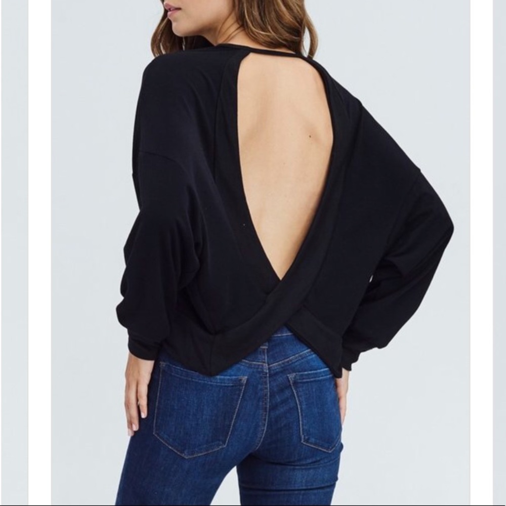 Lush Feeling Black Open Back Long Sleeve Top